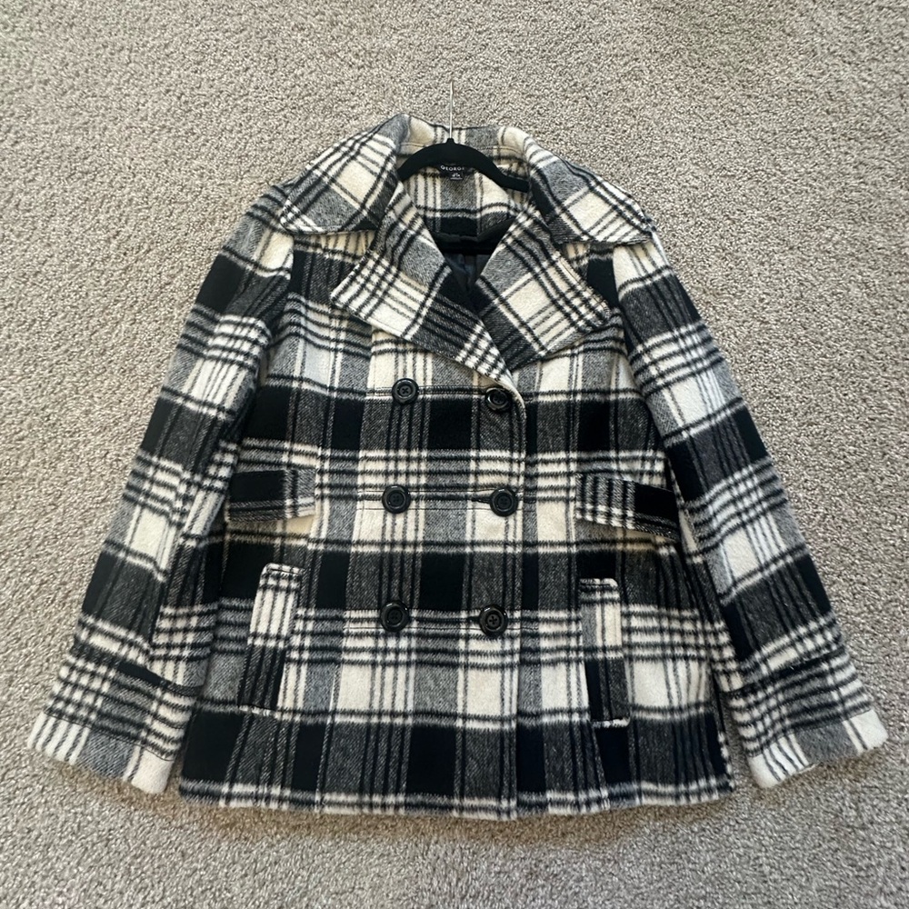 George Black and Cream Plaid Women's Peacoat